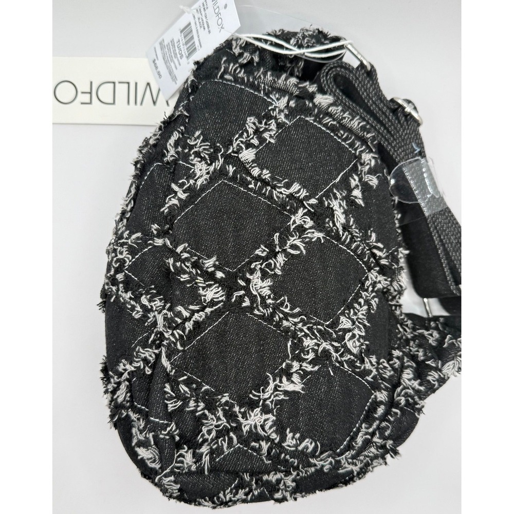NWT Wildfox Quilted Distressed Denim Sling Bag Fringe Patchwork Mini Backpack - Picture 2 of 3